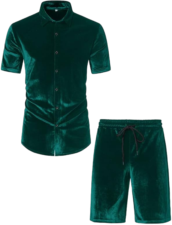 KISSQIQI Mens 2 Piece Outfits Summer Tracksuits Short Sleeve Shirt Sets Casual Button Down Velvet 80s 90s tracksuit Outfits Small Green