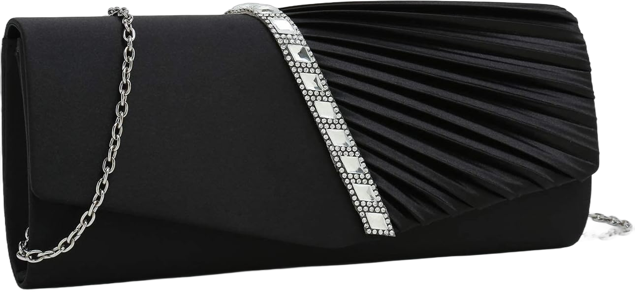 CHARMING TAILOR Evening Handbag Crystal Embellished and Pleated Satin Clutch Black