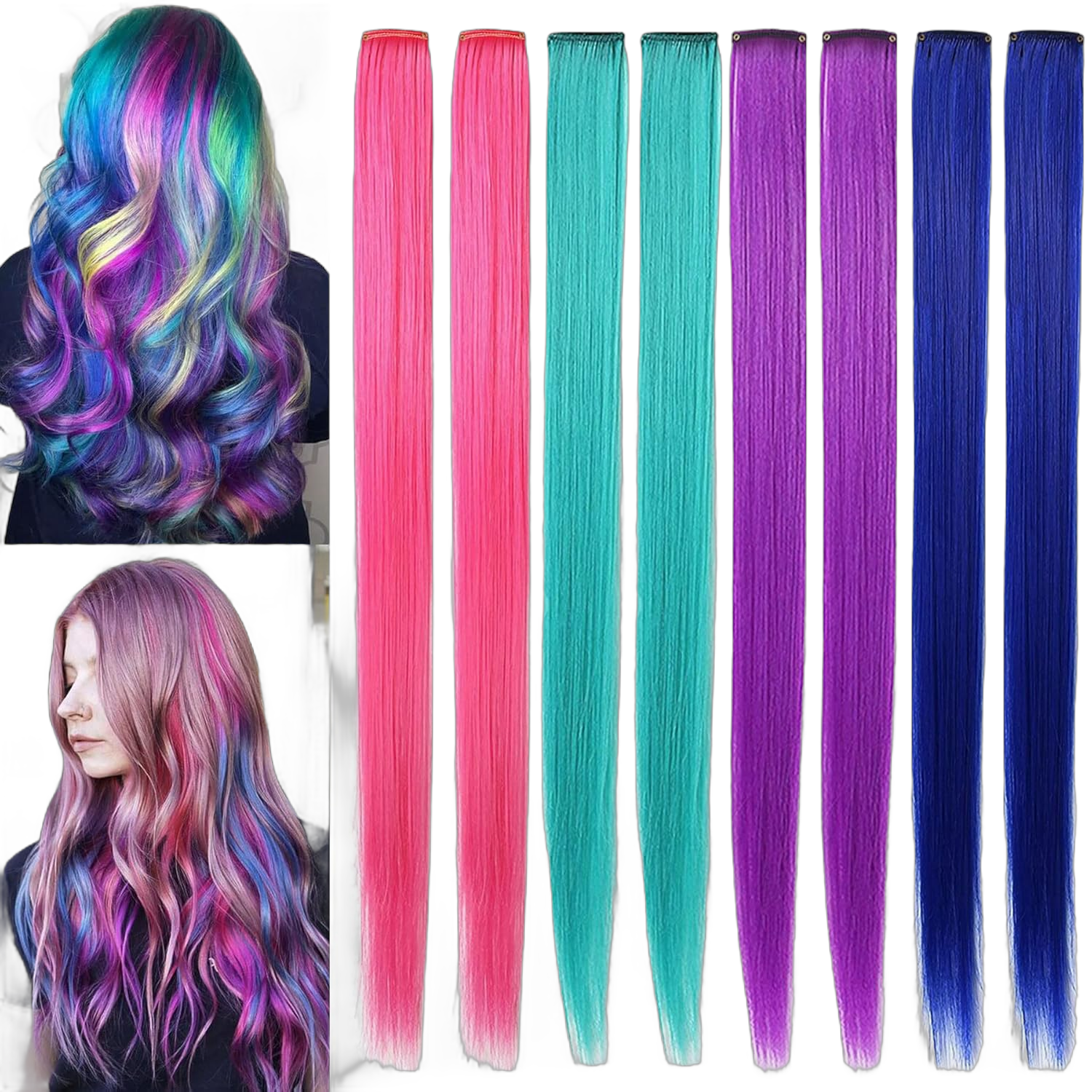 Rhyme Colored Hair Extensions Clip in For Girls Women Hair Accessories Wig Hairpieces Christmas birthday Gift Cosplay Hairstyles 8 Pieces (Pink Purple Blue Teal)