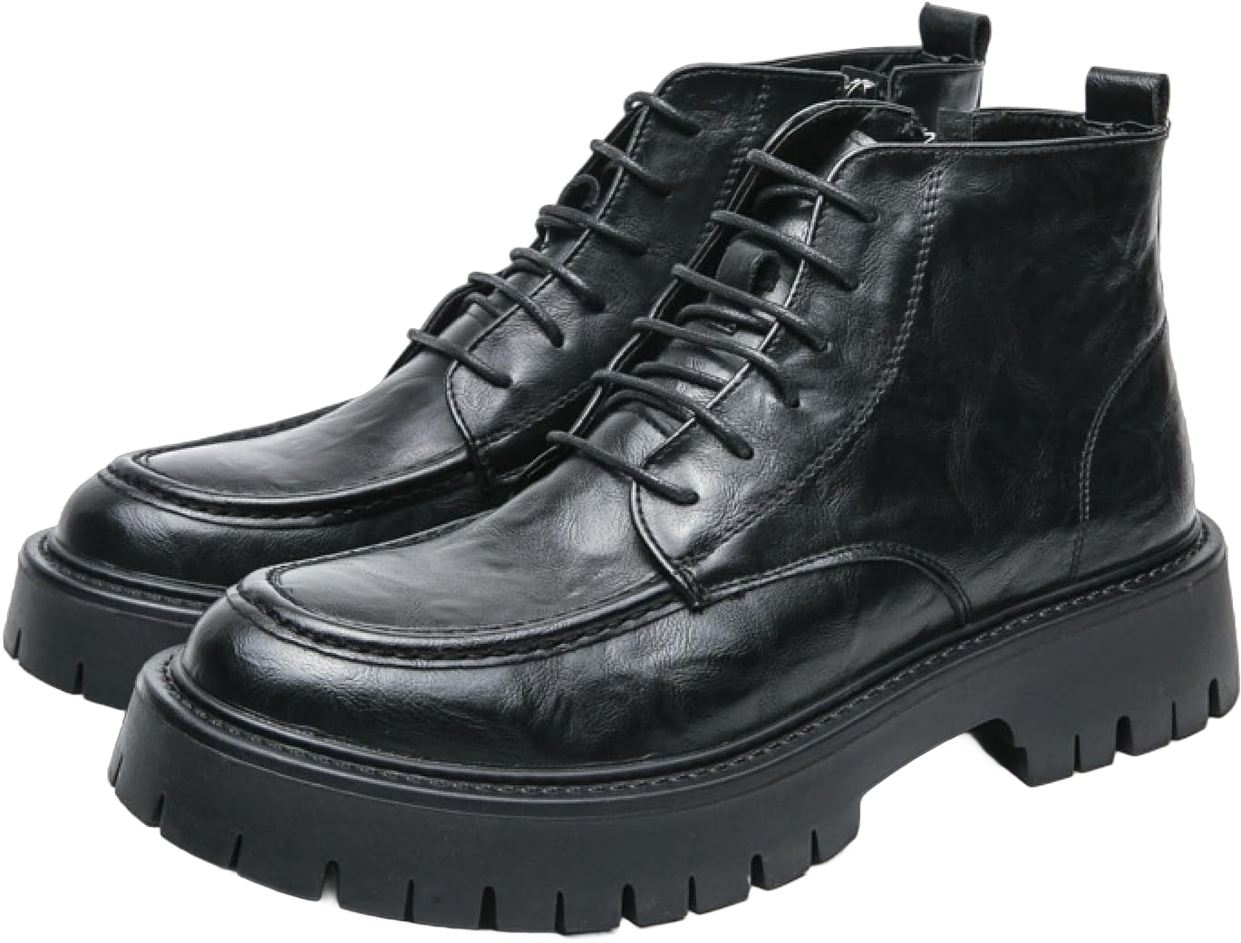Men's Textured Leather Platform Chunky Low Heel Combat Boots with Side Zipper Vintage Round Toe Lug Sole Non-Slip Lace-Up Motorcycle Boots Work Office Business Casual Oxfords Black 10