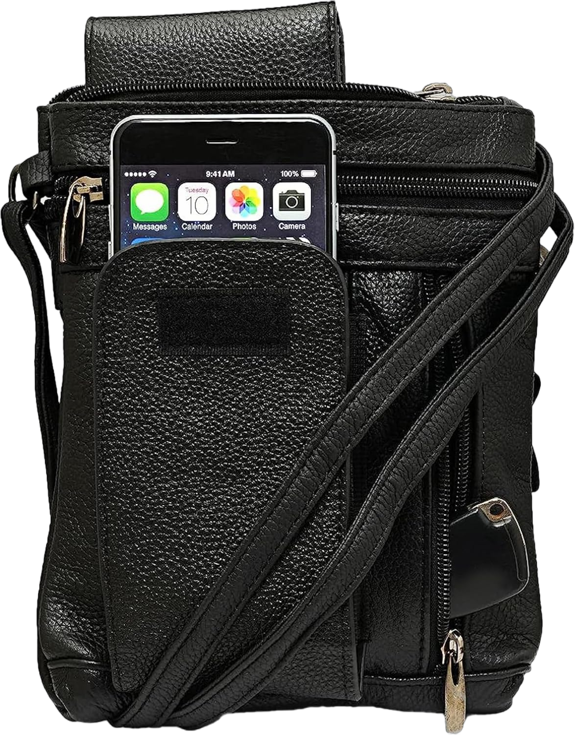 Unisex Super Soft Leather Crossbody Bag with 5 Compartments a Phone Pocket and Carrying Strap Black