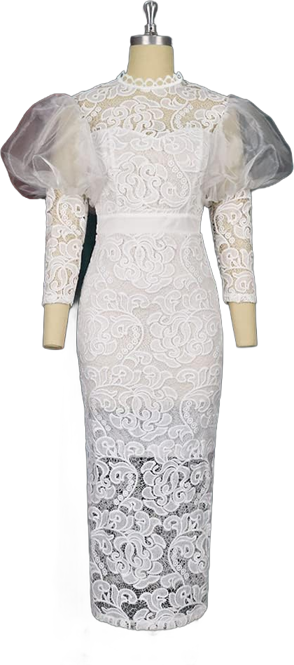 ONTINVA Women's Floral Lace Long Sleeve Patchwork Mesh Slim Pencil Midi Dress Medium White