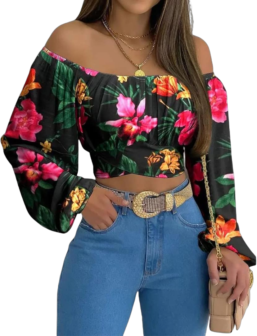 MIRACMODA Woman Off Shoulder Ruched Tie Back Crop Top Summer Lantern Sleeve Boho Shirt Blouse Large Tropical Print