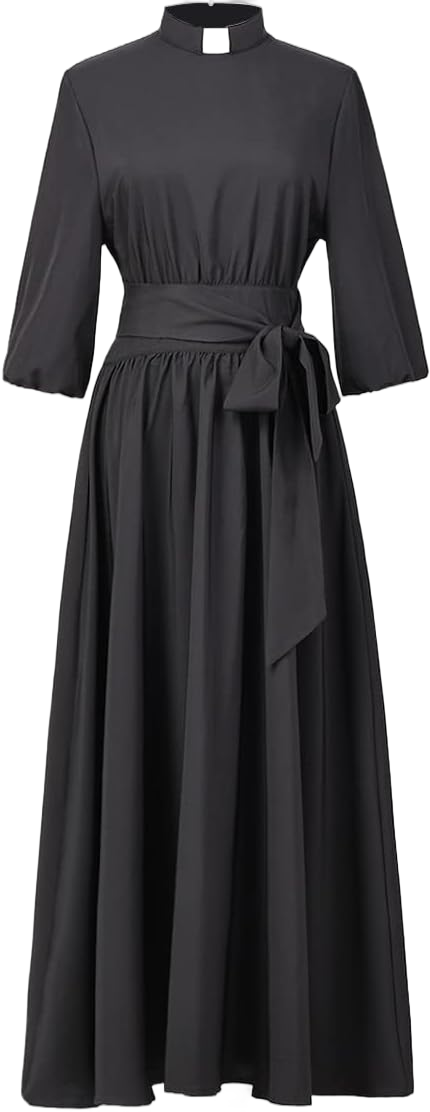 Church Dresses for Women Elegance Audrey Hepburn Style Tab Collar 3/4 Puff Sleeve Swing Maxi Dress with Long Belt X-Small Black