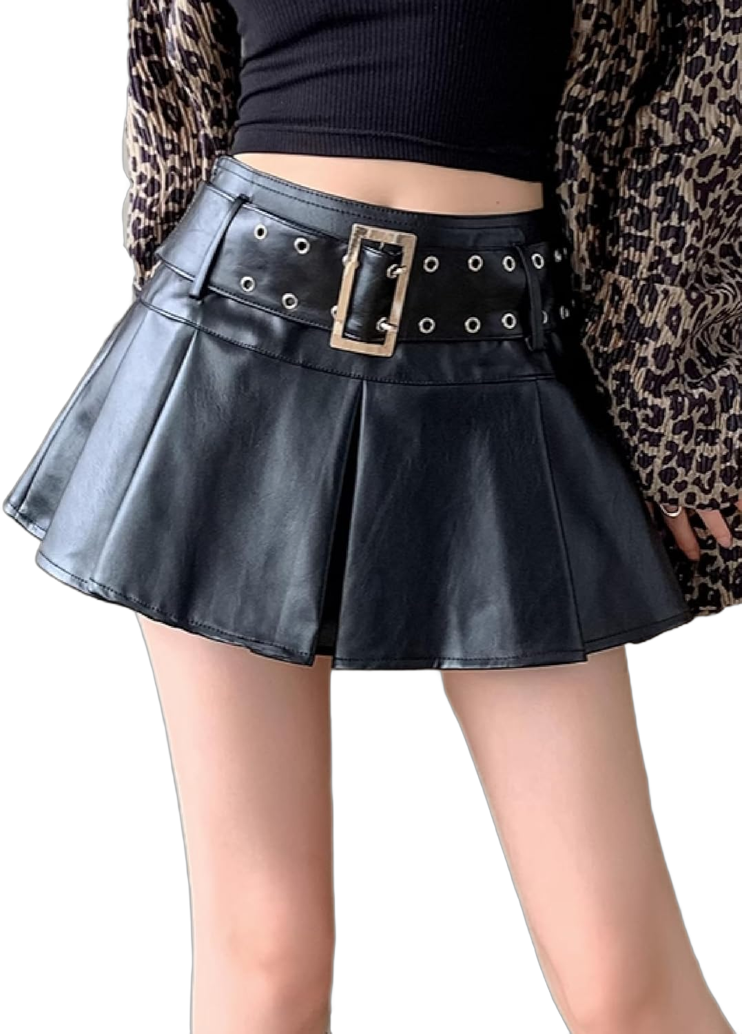 Y2K Mini Skirt Buckle Belted High Waisted Pleated Flare PU Faux Leather Short Goth Skirts for Women X-Small A# Black