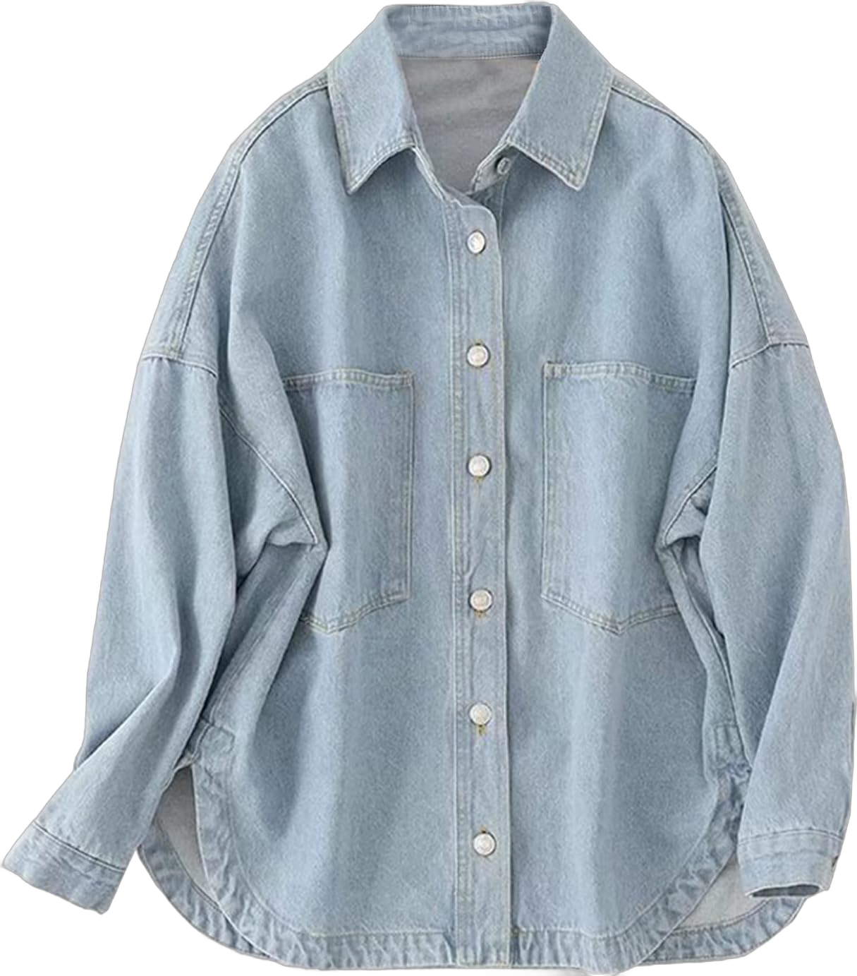 Women Denim Jacket Shacket Long Sleeve Oversize Boyfriend Jean Jacket Shirt Light Blue Small