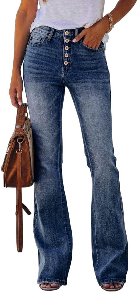 PLNOTME Womens High Waisted Jeans Boyfriend Flare Casual Stretch Bootcut Denim Pants 16 Short Dark Blue