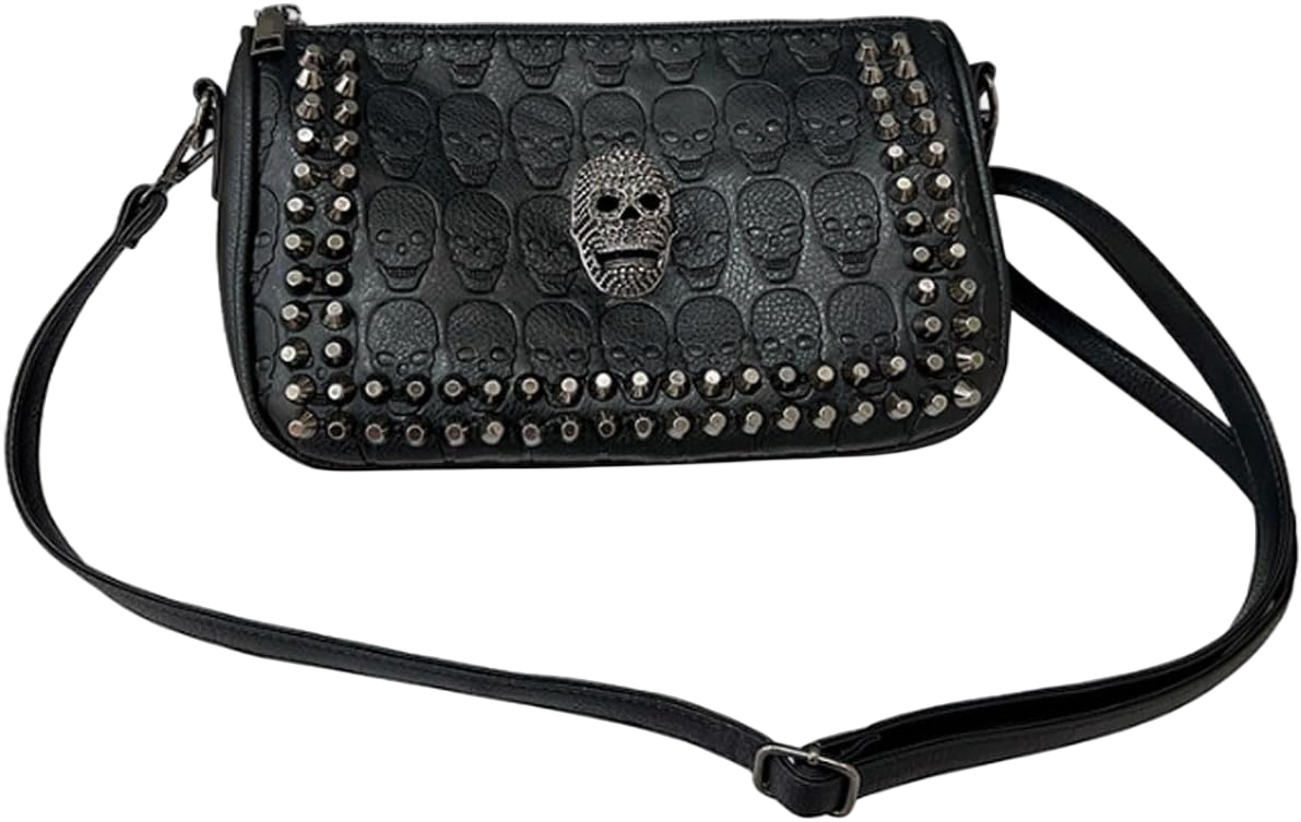 Small Women Classic Skull Crossbody Bag Vintage Gothic Clutch Purse Printing Shoulder Bag Rivets Handbag Black