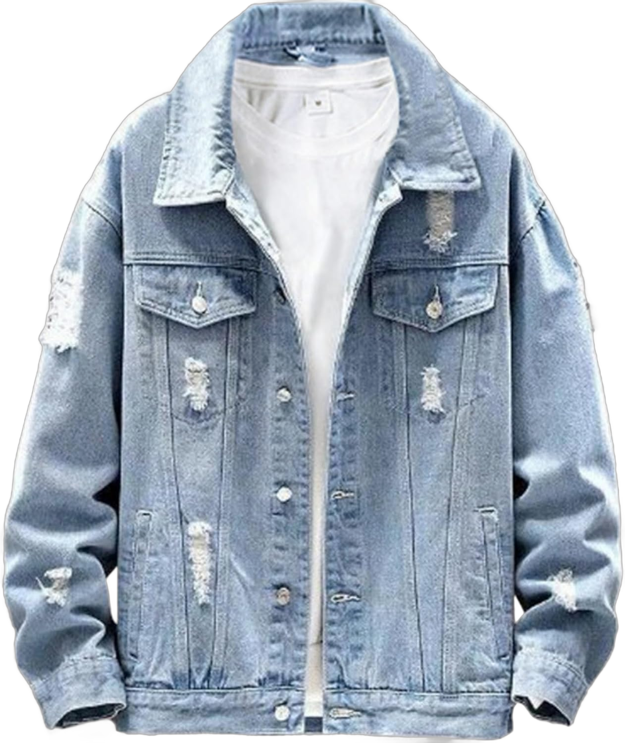 Men Button Distressed Denim Jacket Ripped Slim Trucker Jean Jackets Casual Cowboy Cut Biker Coats Medium Light Blue