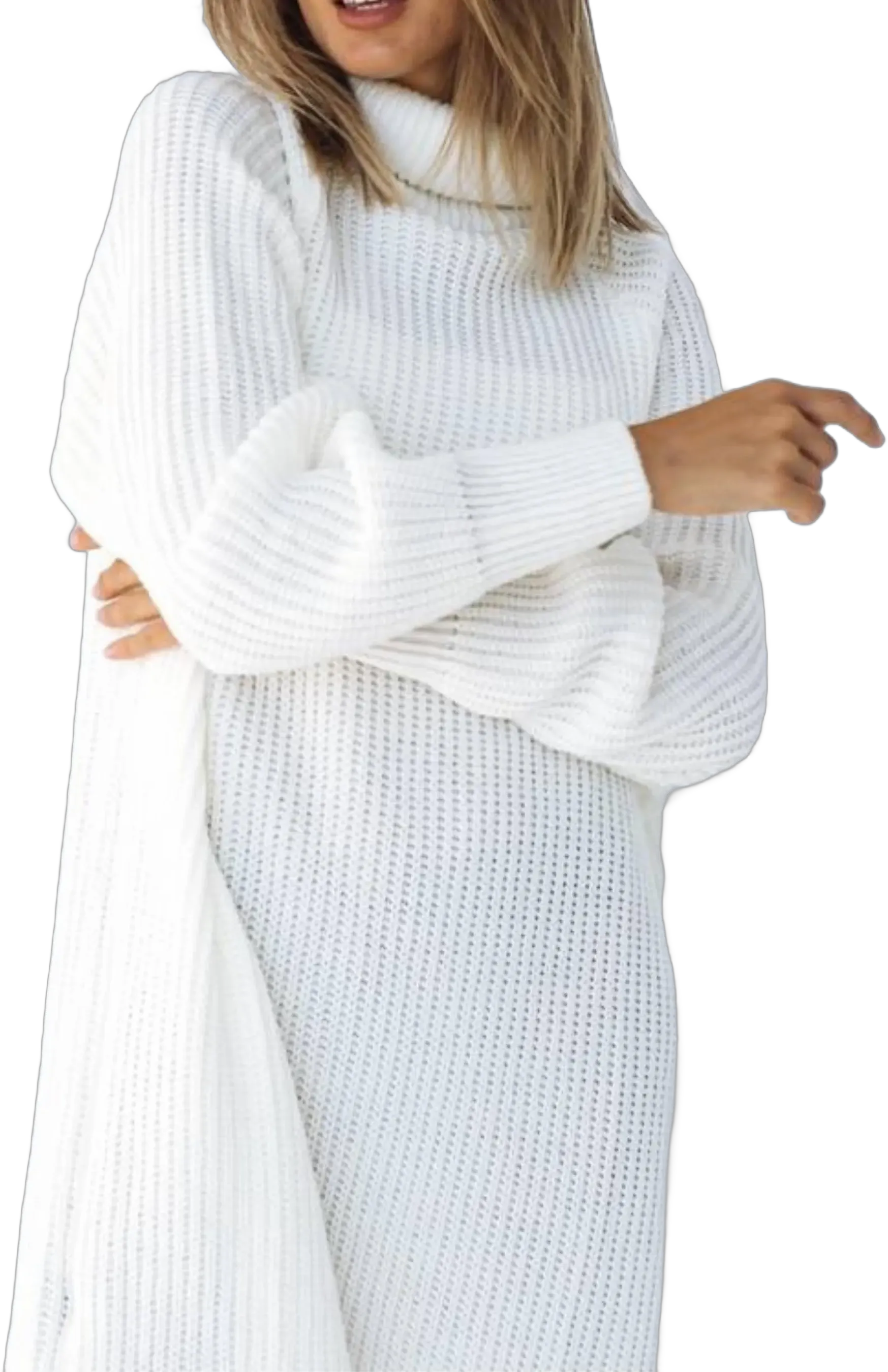 White knit sweaterdress midi length with turtleneck, Knit oversized sweater dress for women, knit cotton dress with long sleeves oversize