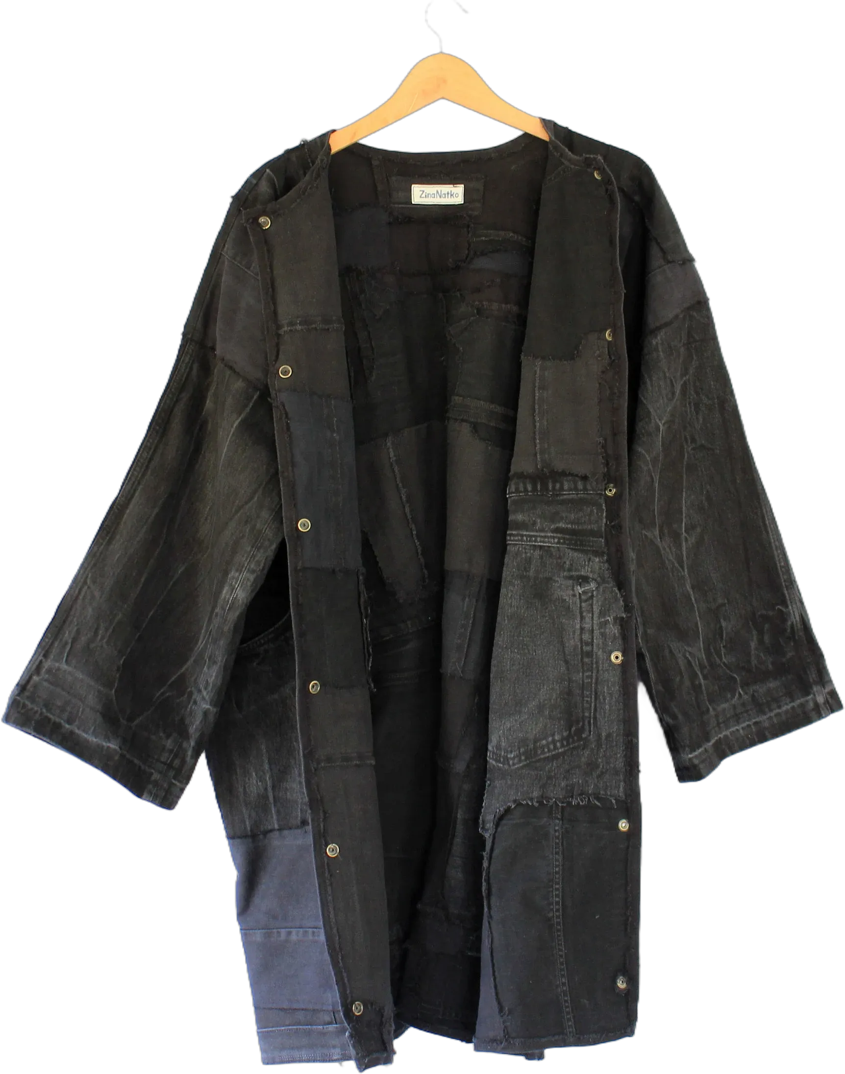 BLACK patchwork ripped denim coat, Oversize black robe, Unisex distressed black mantle