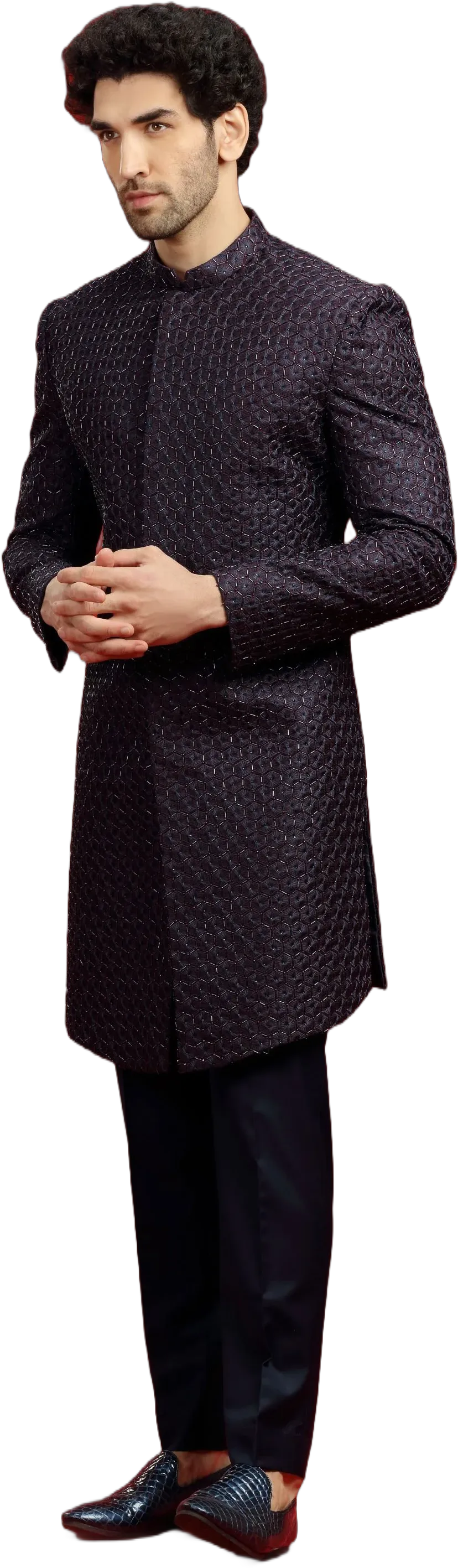 Deep Wine Marron Embellished Cocktail Sherwani Set with Navy Embroidered For Groom Wedding Royal look and For Best man