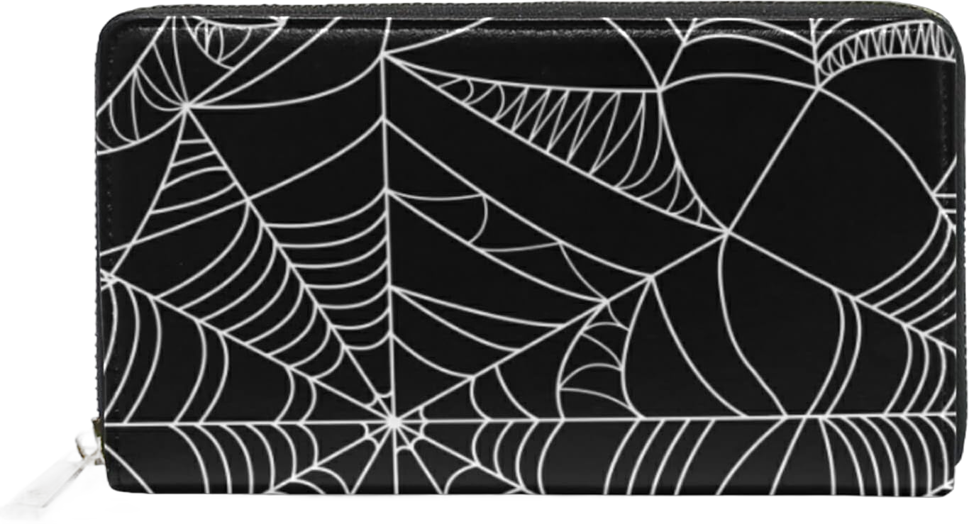 Halloween White Spider Web on Black Dark Seamless Pattern Leather Long Wallet Organizer with Zipper Purse Clutch Bag for Women Men Key Card Coin Passport Checkbook 4.13"(L) x 7.48"(W) Multi 9