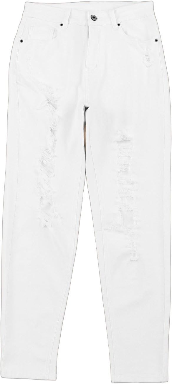 LEMAFER Women's White Distressed Ripped Holes High Waist Skinny Jeans Casual Drop Waist Sheath Pants for RawHem 8 White