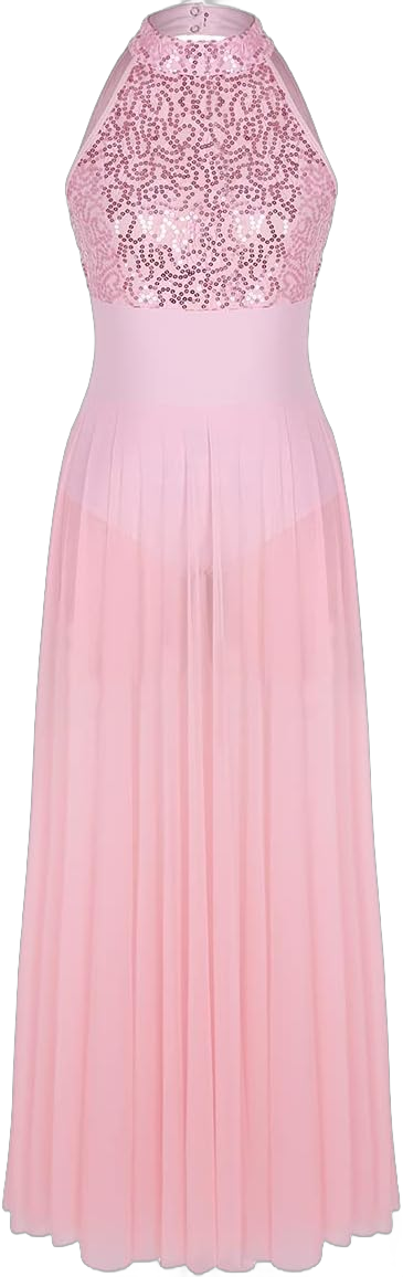 Women Lyrical Dance Dress Modern Contemporary Dancewear Halter Neck Sequins Leotard Mesh Tulle Maxi Long Skirt X-Small Pink