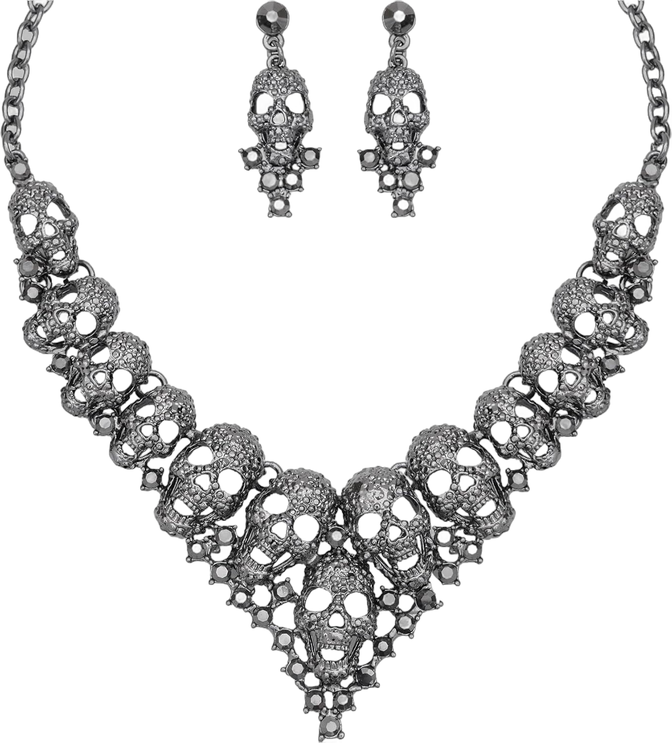 Vintage Halloween Punk Skull Choker Necklace Earrings Set Antique Silver Gothic Horror Skeleton Jewelry Set for Women