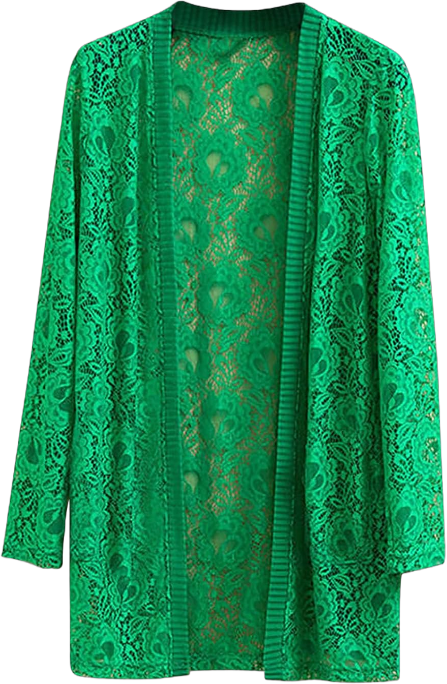 Women's Summer Casual Lightweight Floral Lace Knit Cardigans Open Front 3/4 Sleeve Sheer Crochet Sweaters Cover Up Green 3X-Large