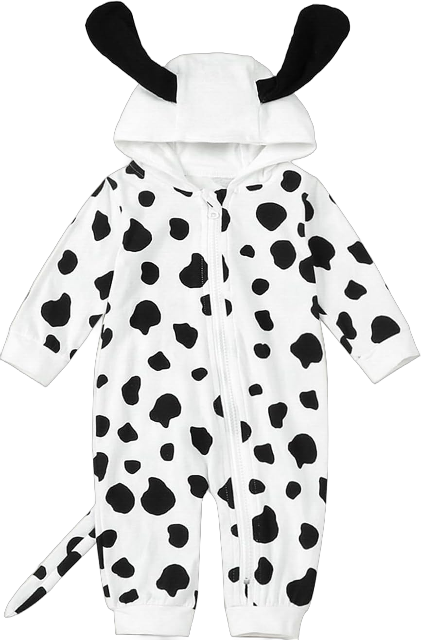 Toddler Baby Dalmatian Costume Halloween Puppy Spotted Dog Outfits Zip Up Hoodie Top Tail Pants Set Romper With Tail 6-12 Months