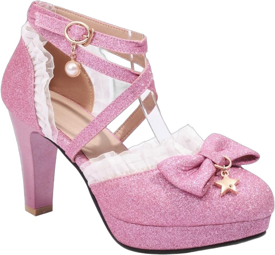 Women's Glitter Chunky High Heels Mary Jane Pumps Shoes Round Toe Platform Bow Lolita Party Dress Shoe 10.5 Pink