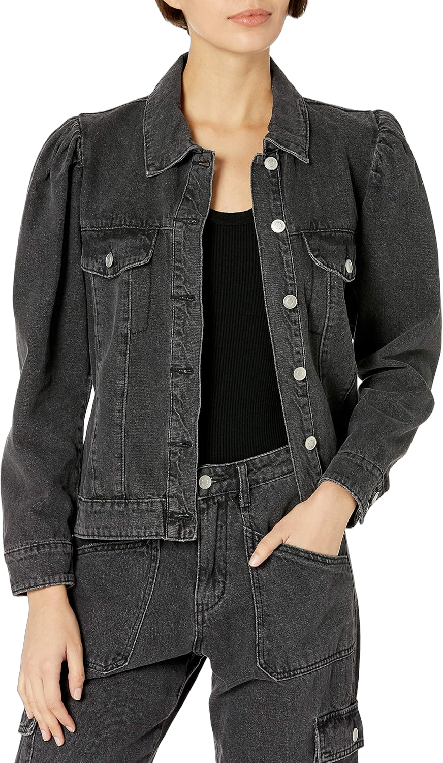 KENDALL + KYLIE Women's Puff Sleeve Denim Jacket-Amazon Exclusive Medium Black Acid Wash