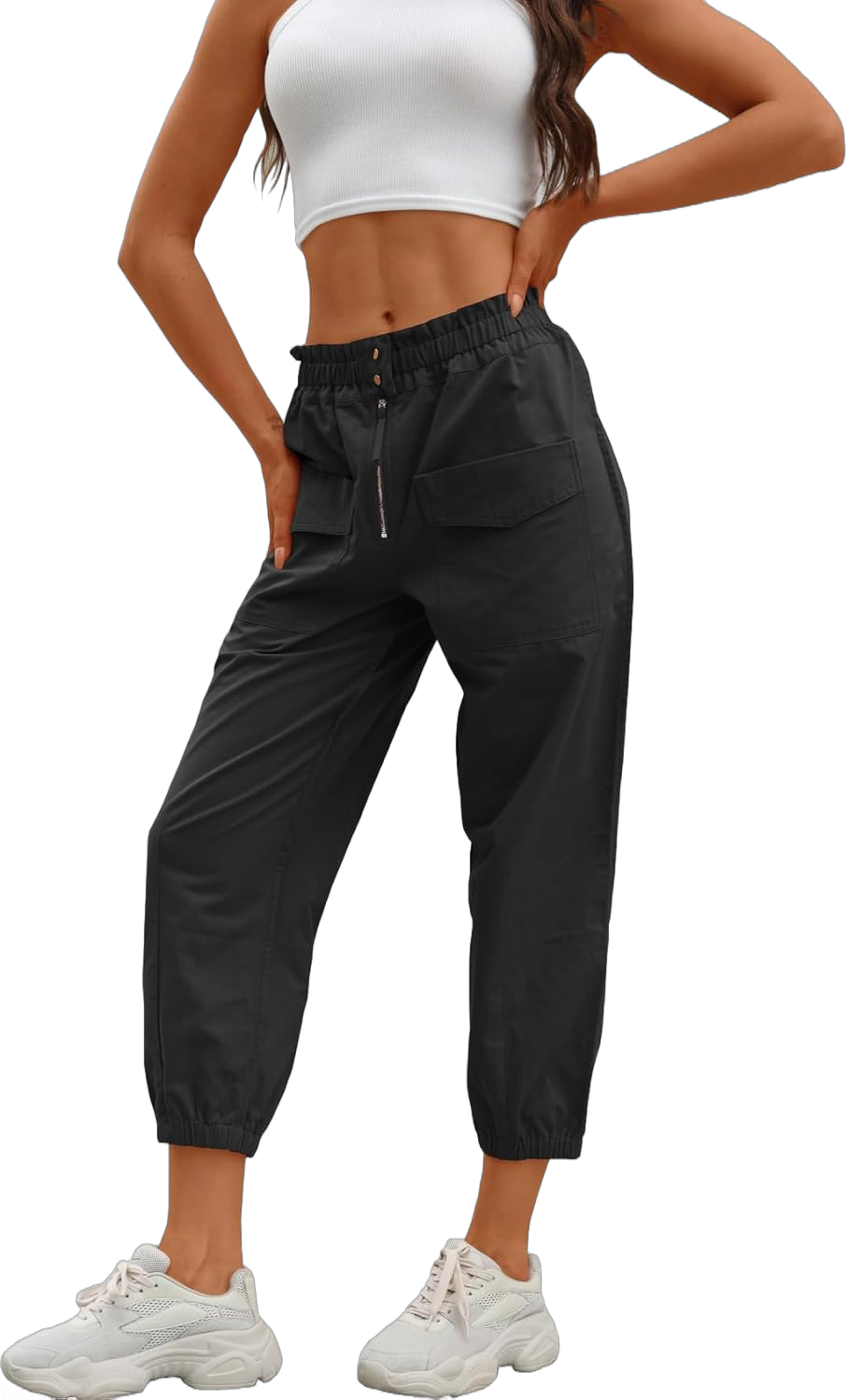 KINLONSAIR Women's High Waist Jogger Pants Relaxed Fit Elastic Waist Casual Cargo Pants Tapered Leg Pants with Zipper 14 Black