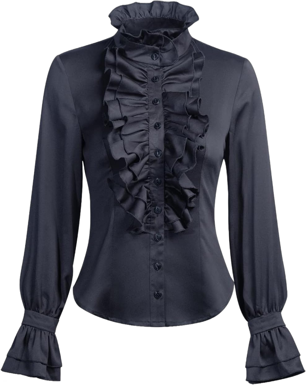 Women Victorian Gothic Ruffled Lotus High Neck Lace Lantern Long Sleeve Top Blouse Shirt Black Medium