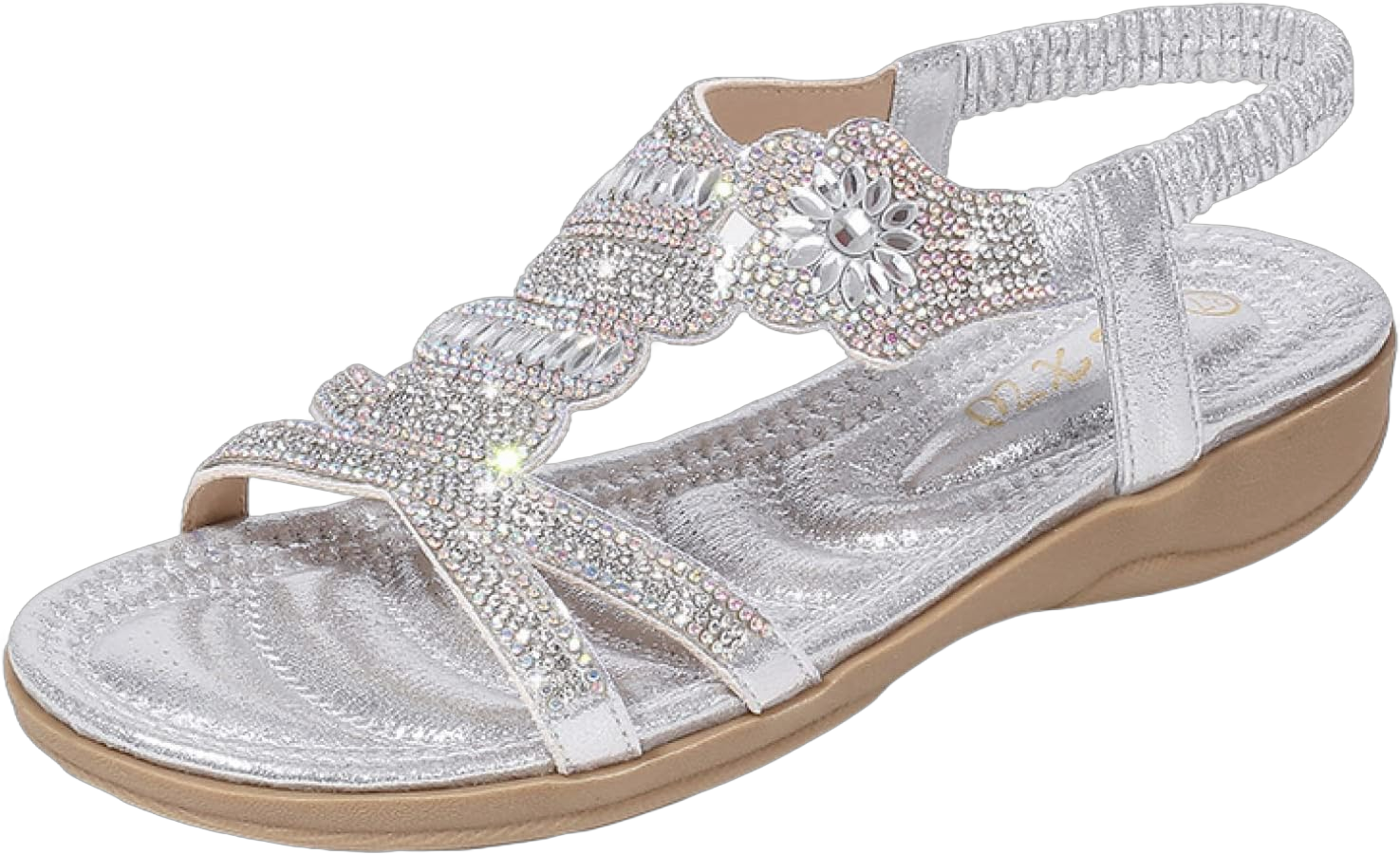 Women's Comfy Bohemian Wedge Sandals Glitter Flower Rhinestone Slip On Open Toe Summer Beach Dressy Shoes 8 Silver