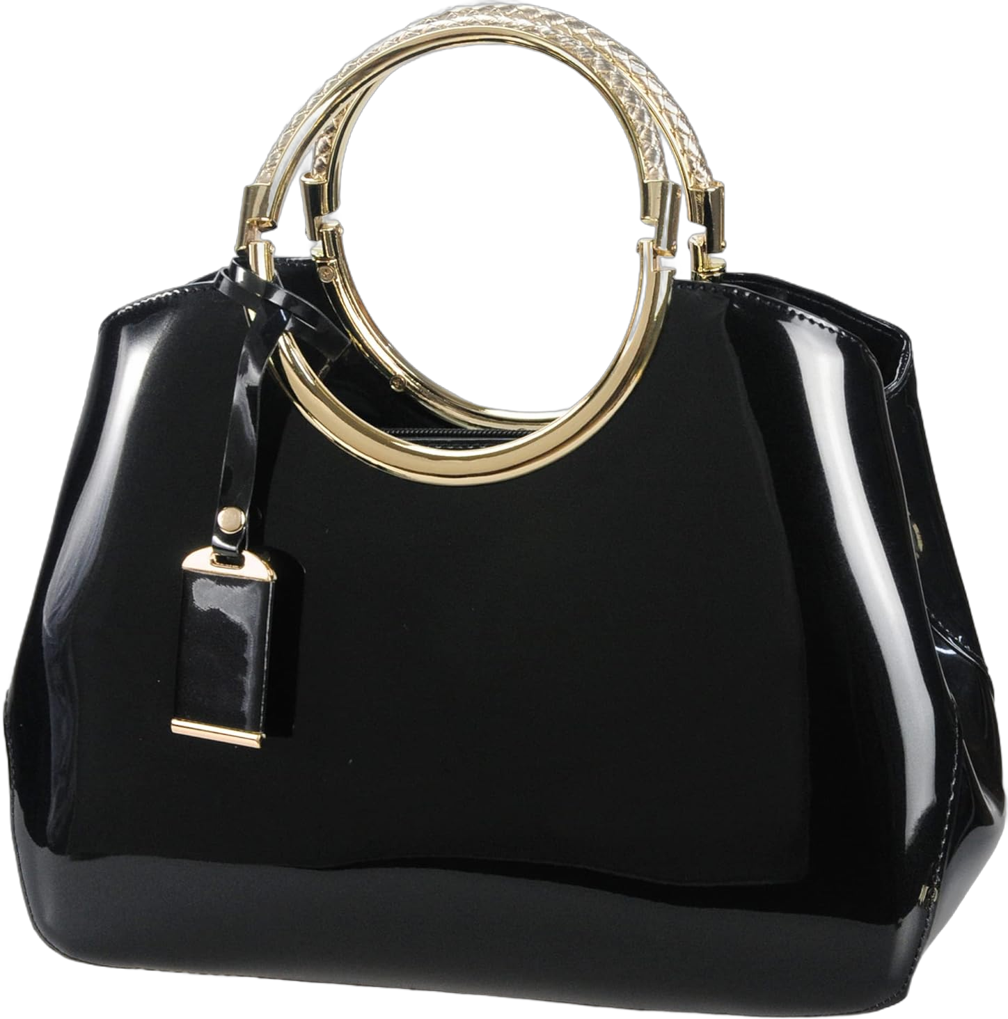 HOXIS Charm Glossy Metal Grip Structured Shoulder Handbag Women Satchel Black