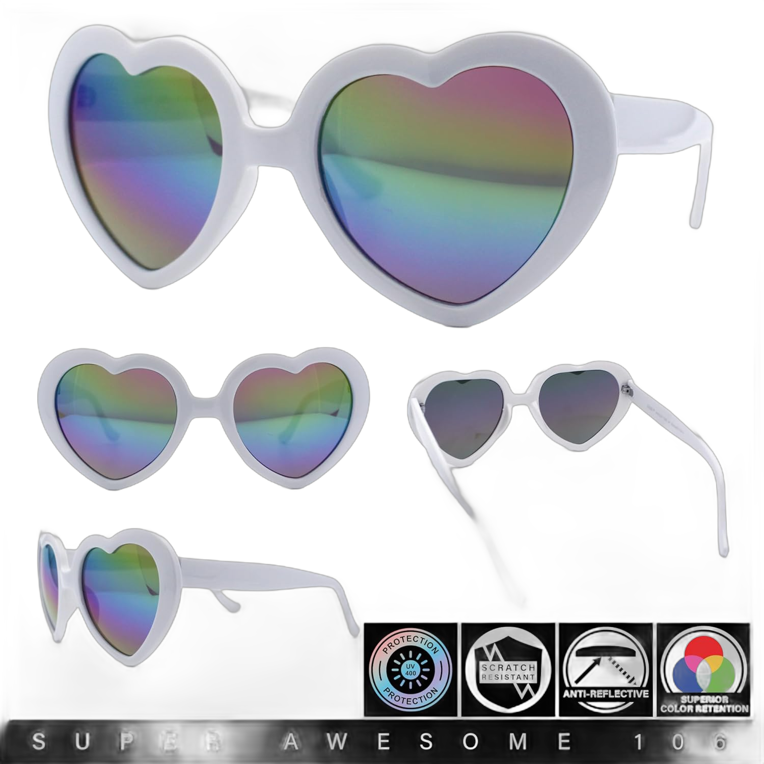 Womens Rusta Rainbow Mirror Lens Plastic Frame Heart Shape Sunglasses White