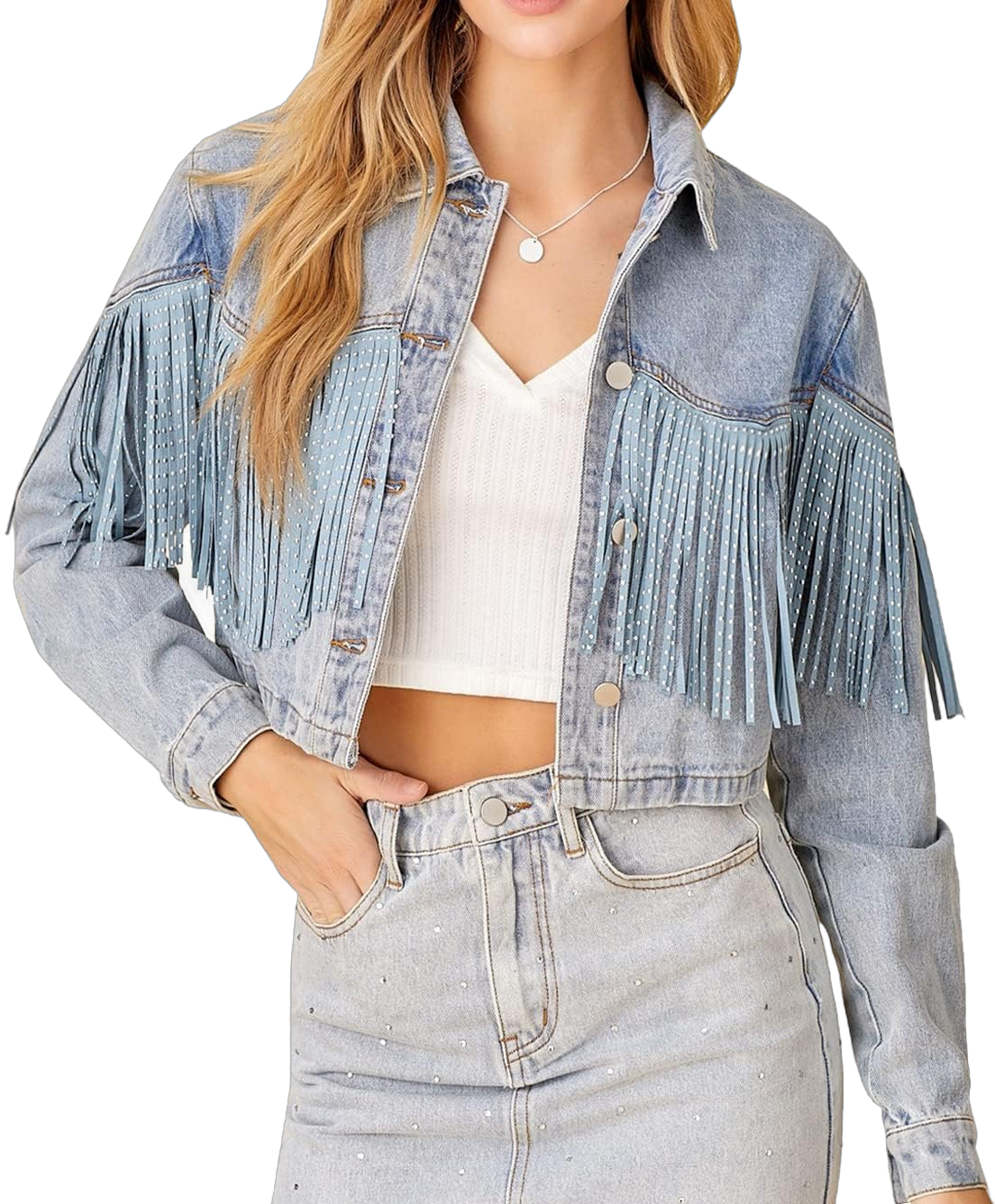 Kedera Denim Jacket for Women Fringe Trucker Jean Jacket Distressed Western Cowgirl Shacket Jackets Coachella Festival Large Blue