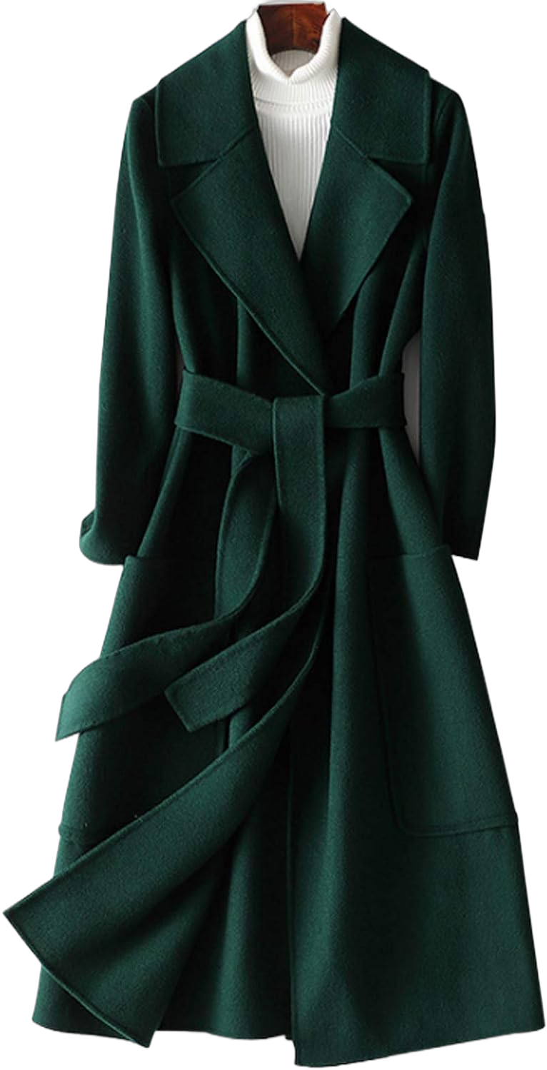 Women's 100% Wool Trench Coat Classic Notched Lapel Cashmere Mid-Long Jacket Autumn and Winter Woolen Overcoat Outwear with Belt,Green,S Small Green