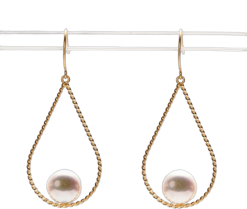 Japanese 6.5mm Akoya Cultured Pearl Dangle Earrings for Women with 18K Yellow Gold | Stylish Design Excellent Gift | Pearl Earrings