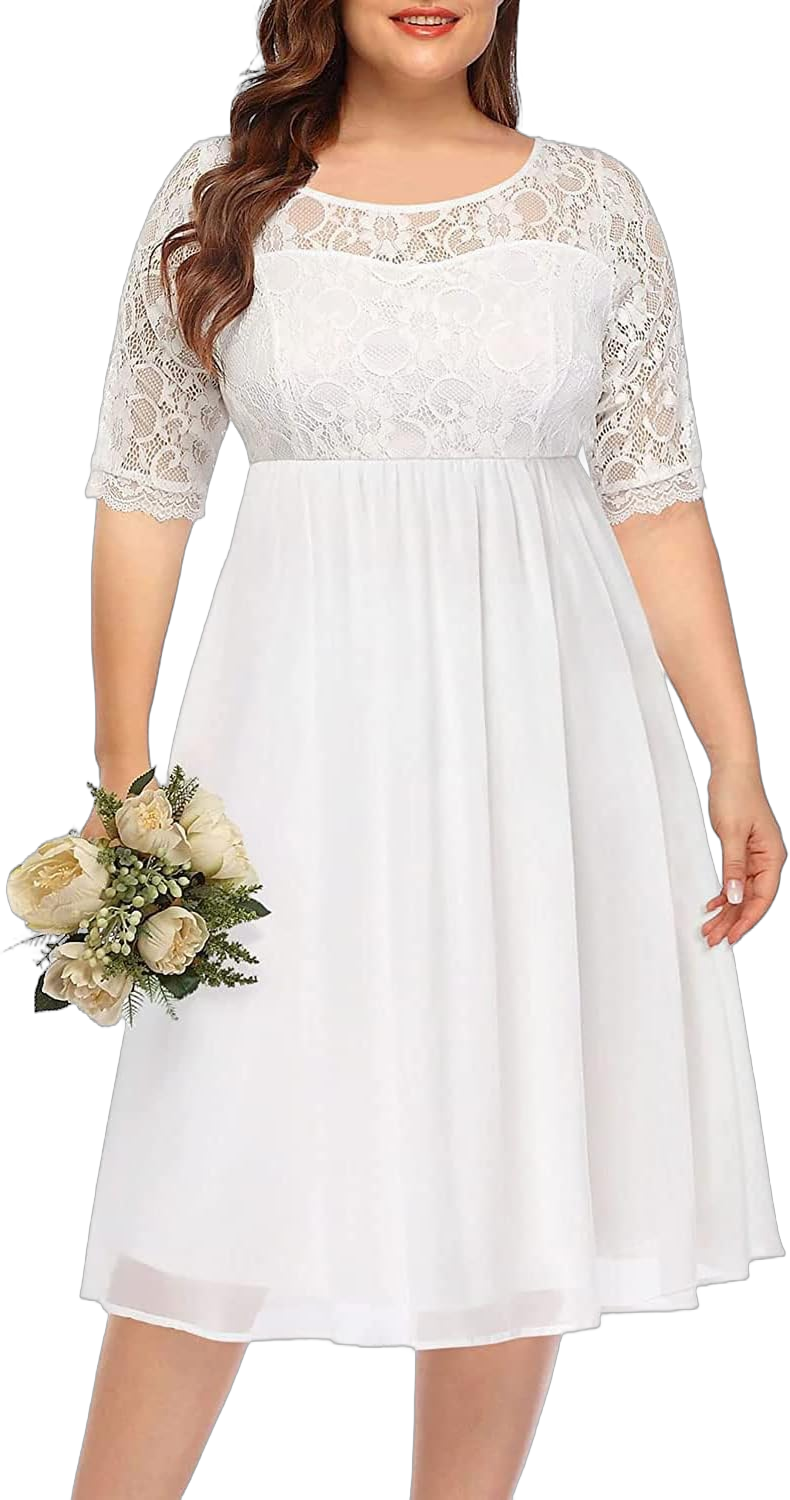 Pinup Fashion Plus Size Lace Chiffon Wedding Guest Dresses Women Cocktail Party Midi Dress Half Sleeve 14 Plus White