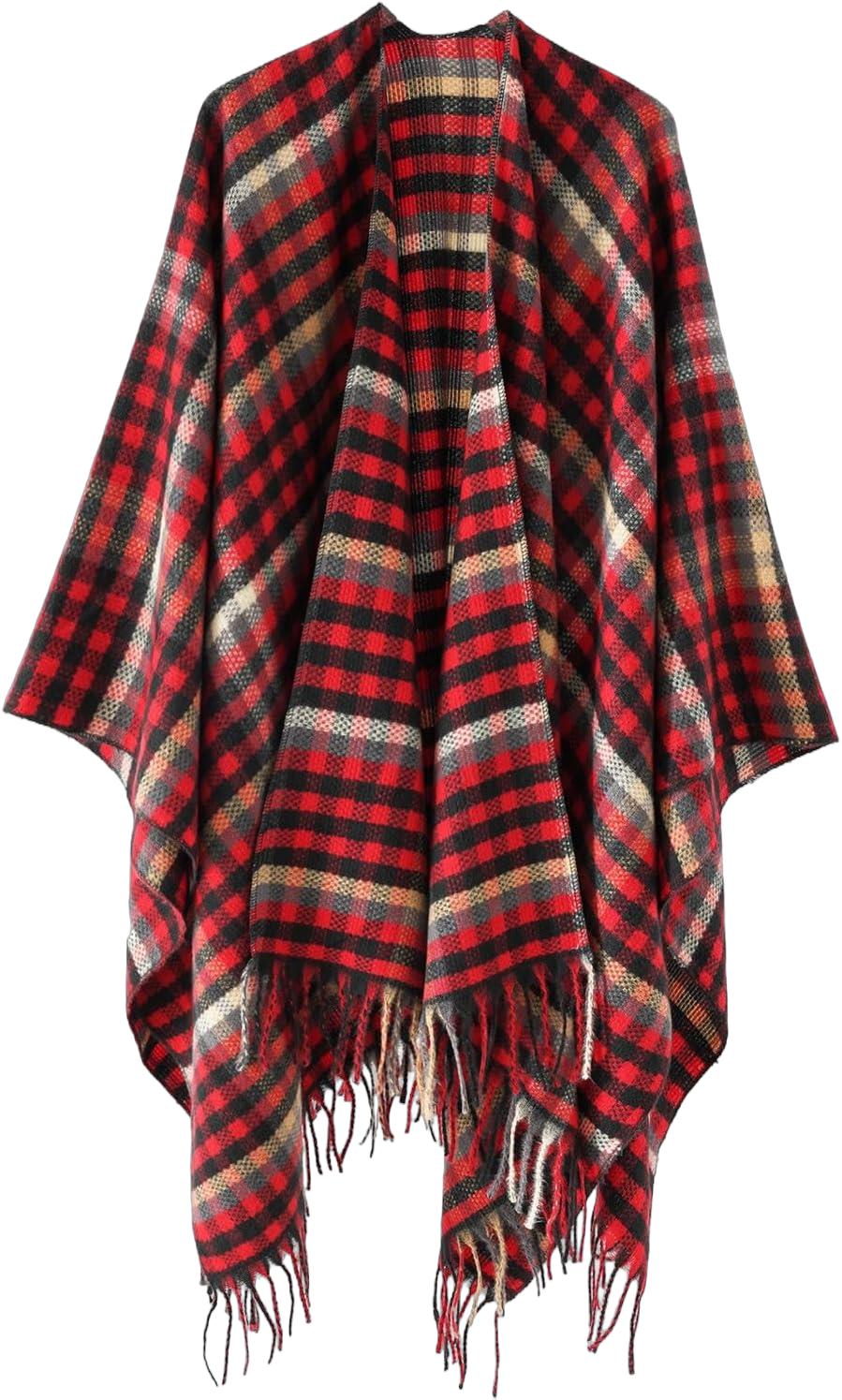 JOAU Women's Fashion Buffalo Plaid Wool Fringe Shawl Wrap Winter Warm Cardigan Open Front Poncho Cape Tassels Shawls Coats One Size Red