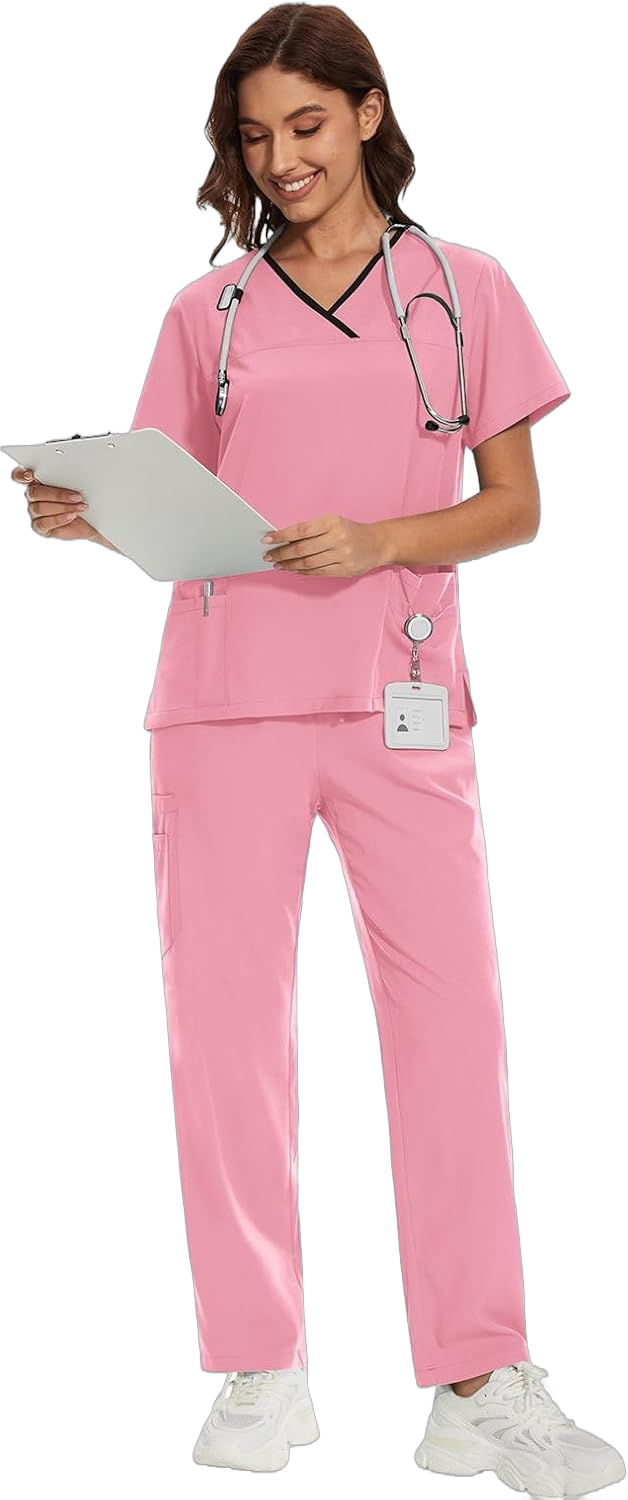 niaahinn Scrub for Women Set Y-neck Scrub Top & Cargo Pants, Breathable, Quick Drying Pink X-Large