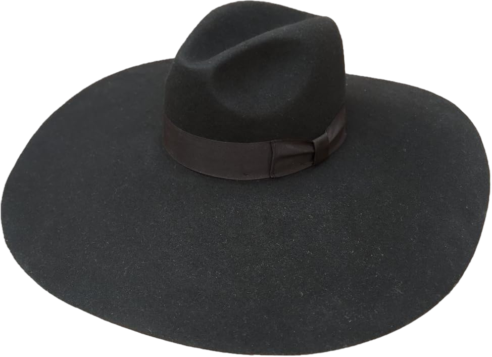 Black Wool Felt Soft Extra Wide Large Brim Floppy Fedora Hat for Women 6 1/4" 7 3/8 Black