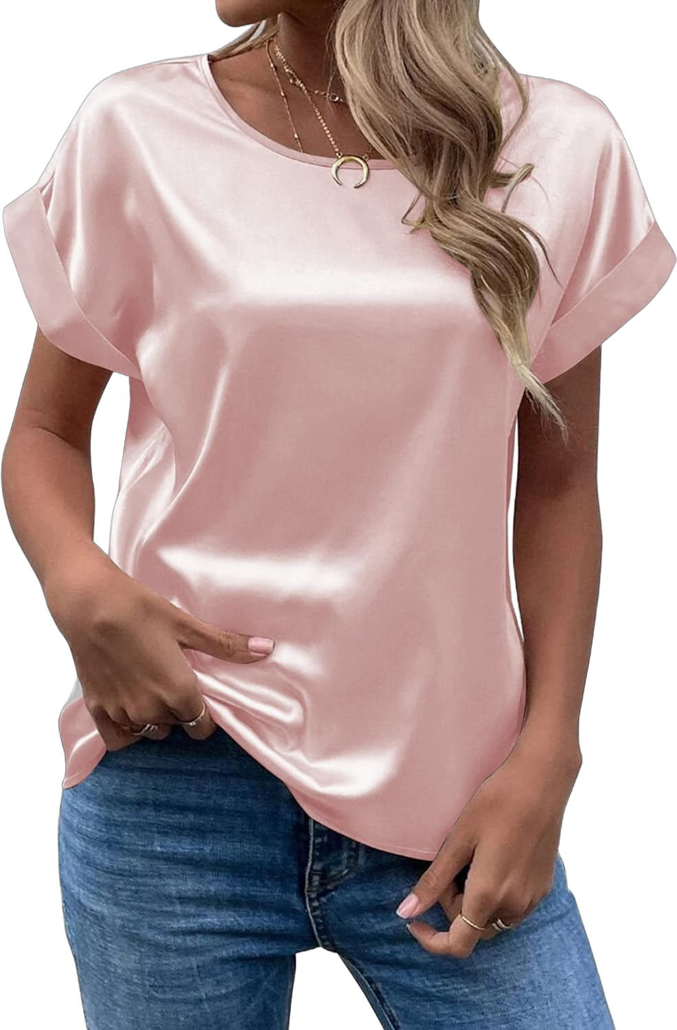 Chigant Women's Short Sleeve Satin Blouses Casual Loose Crewneck Silk Shirts Roll Up Sleeve Tunic Tops S-XXL A Pink Medium