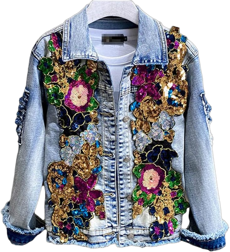 Women Denim Jacket Embroidery Rose Floral Beading Pearl Sequin Patch Epaulet Ripped Hole Bomber Denim Jacket L52-55KG Blue