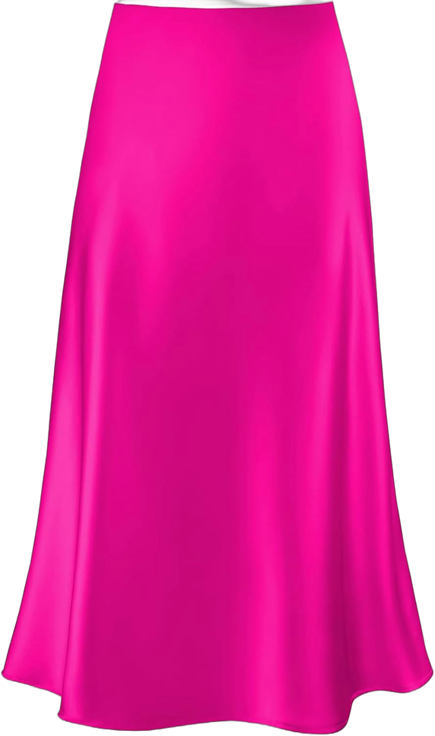 Women's Satin High Waist Hidden Elasticized Waistband Flared Casual A Line Midi Skirt Medium Hot Pink