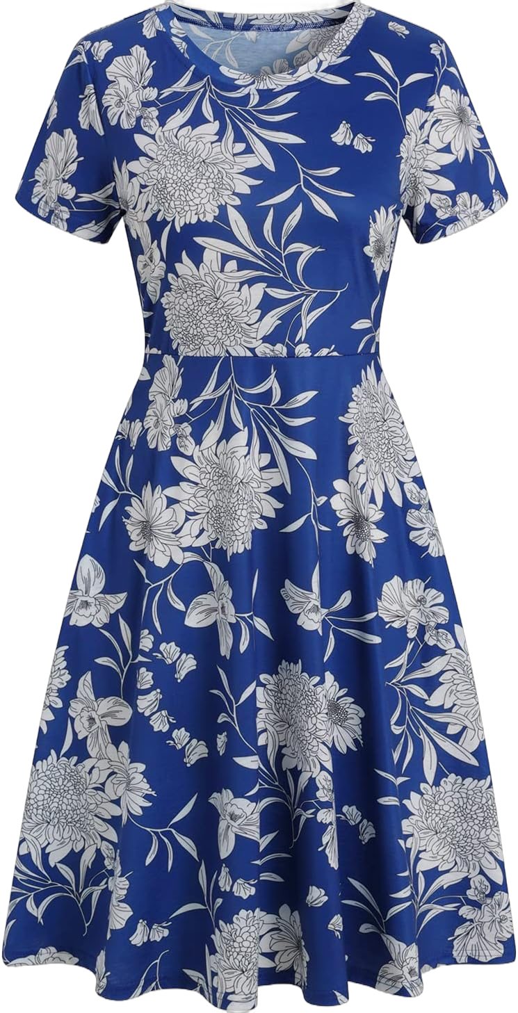 Women's Elegant Vintage Cotton Casual Floral Print Work Party A-Line Swing Dress with Pockets 162 (L, Royal White)