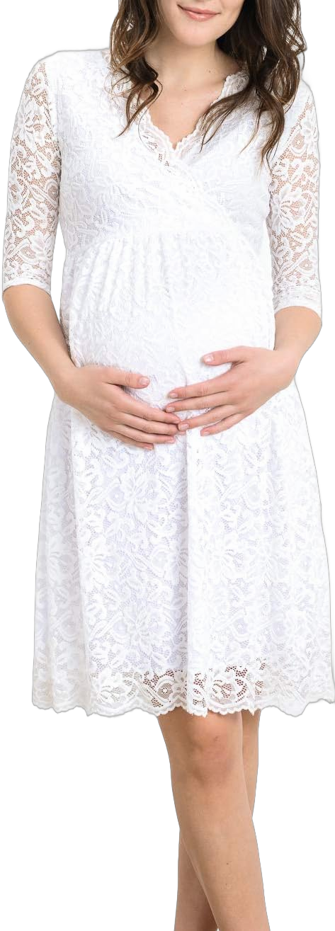 HELLO MIZ Women's Lace Maternity Dress with Nursing Friendly Faux Wrap X-Large Ivory