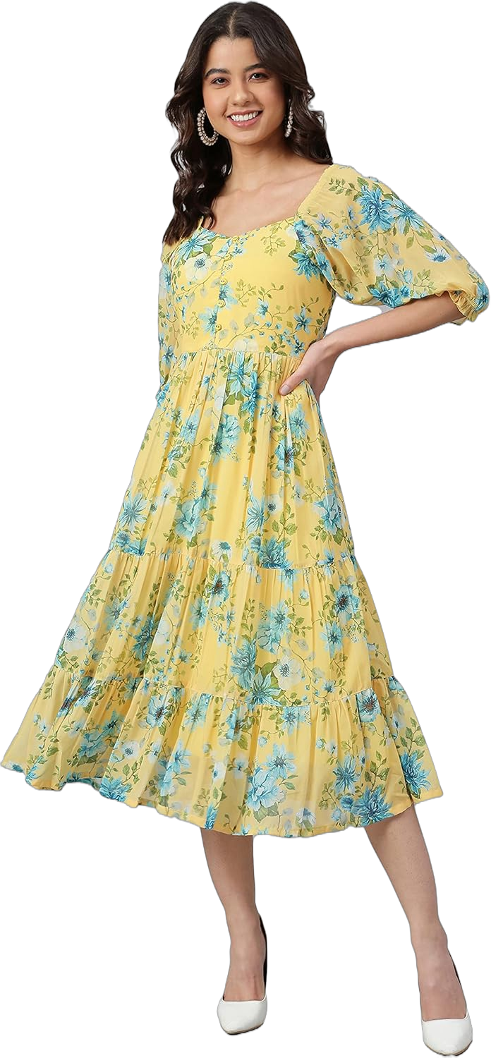 Janasya Women's Yellow Flowy Floral Print Flared Calf Length Casual Evening wear Trendy Dress for Women X-Small Yellow