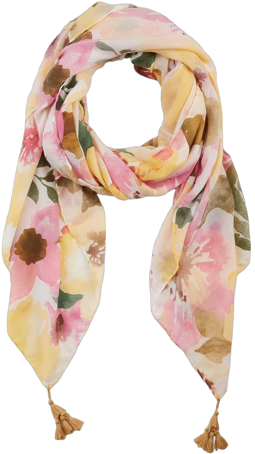 Hadley Wren Women's Spring Abstract Floral Lightweight Fashion Scarf with Tassels Watercolor Blossom Yellow